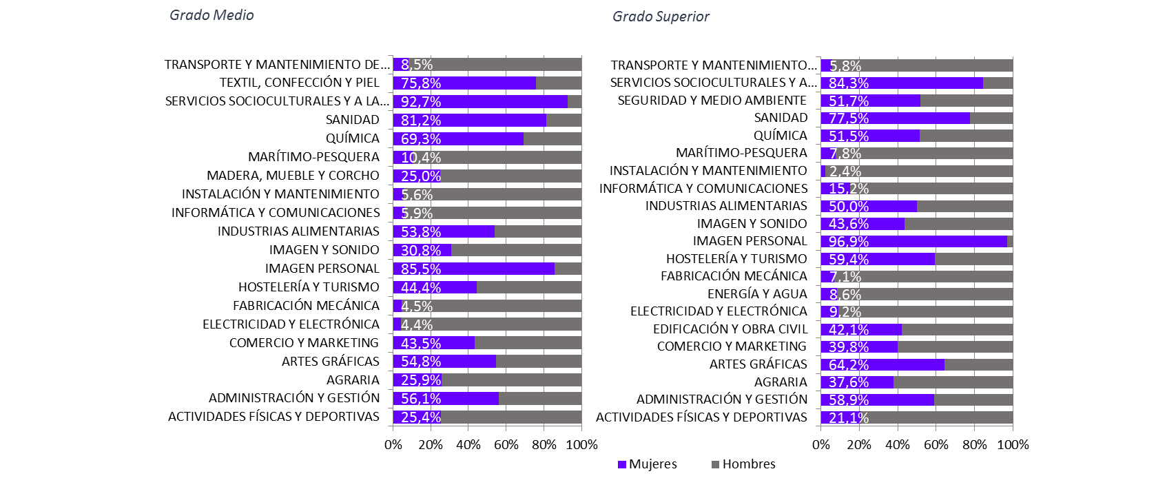 Gráfico 2.9. Distribución por sexo del alumnado matriculado en FP en Asturias, por nivel (Grado Medio y Superior) y familias profesionales. Curso 2023/2024