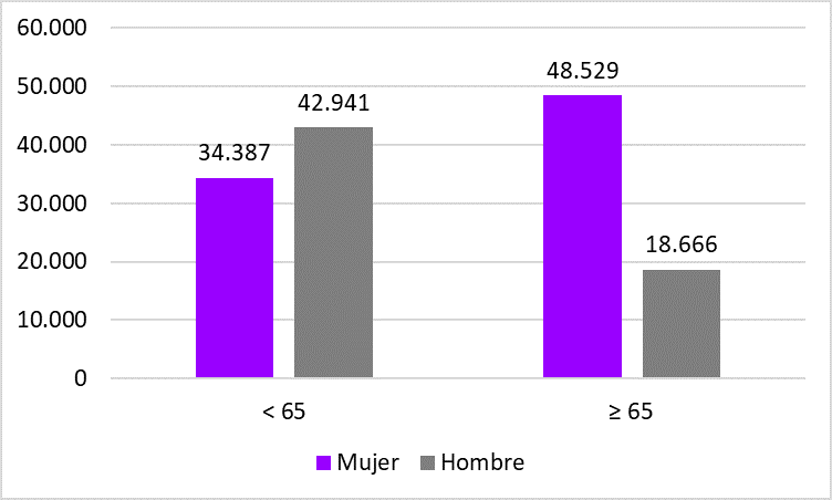 Gráfico 1.22. Hogares unipersonales, por sexo y edad de las personas que los componen. Asturias 2023.