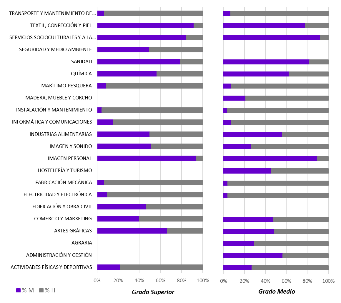 GRÁFICO 2.12. DISTRIBUCIÓN POR SEXO DEL ALUMNADO MATRICULADO EN FP EN ASTURIAS, POR NIVEL (GRADO MEDIO Y SUPERIOR) Y FAMILIAS PROFESIONALES. CURSO 2024/2025